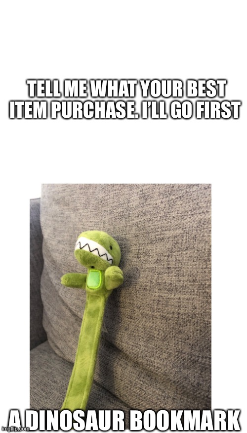 TELL ME WHAT YOUR BEST ITEM PURCHASE. I’LL GO FIRST; A DINOSAUR BOOKMARK | image tagged in memes,blank transparent square,blank white template | made w/ Imgflip meme maker