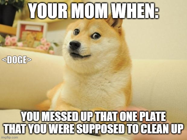 your mom when |  YOUR MOM WHEN:; <DOGE>; YOU MESSED UP THAT ONE PLATE THAT YOU WERE SUPPOSED TO CLEAN UP | image tagged in memes,doge 2 | made w/ Imgflip meme maker