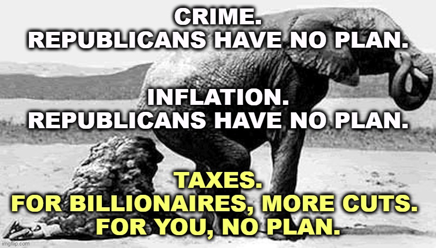 Republicans have no plan. | CRIME.
REPUBLICANS HAVE NO PLAN. INFLATION.
REPUBLICANS HAVE NO PLAN. TAXES.
FOR BILLIONAIRES, MORE CUTS. 
FOR YOU, NO PLAN. | image tagged in crime,inflation,taxes,republicans,empty | made w/ Imgflip meme maker