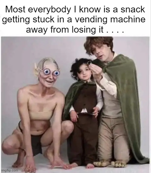 True for the most part, lol? | Most everybody I know is a snack
getting stuck in a vending machine 
away from losing it . . . . | image tagged in fun,people,strange,frustrated,snack,disaster | made w/ Imgflip meme maker