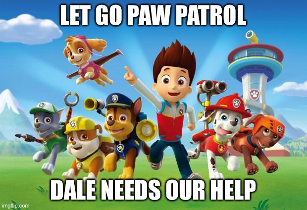 The paw Patrol helps dale out | LET GO PAW PATROL; DALE NEEDS OUR HELP | image tagged in paw patrol | made w/ Imgflip meme maker