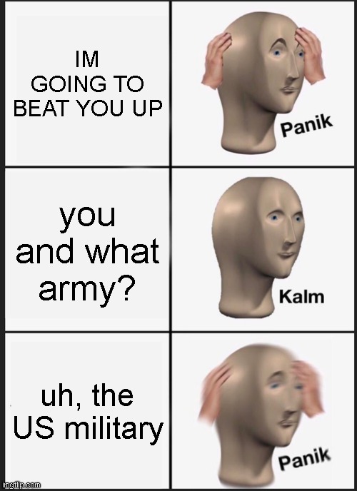 I mean you gotta pick a army | IM GOING TO BEAT YOU UP; you and what army? uh, the US military | image tagged in memes,panik kalm panik,meme,funny memes,funny meme,funny | made w/ Imgflip meme maker