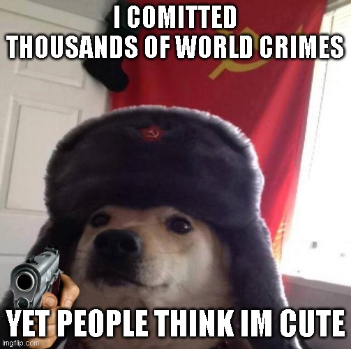 your normal dog slav dog | I COMITTED THOUSANDS OF WORLD CRIMES; YET PEOPLE THINK IM CUTE | image tagged in russian doge,in soviet russia | made w/ Imgflip meme maker