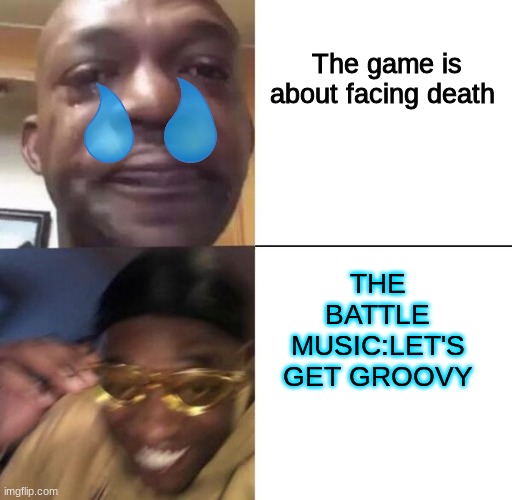 P3 in a nutshell | The game is about facing death; THE BATTLE MUSIC:LET'S GET GROOVY | image tagged in yellow glass guy,p3 memes | made w/ Imgflip meme maker