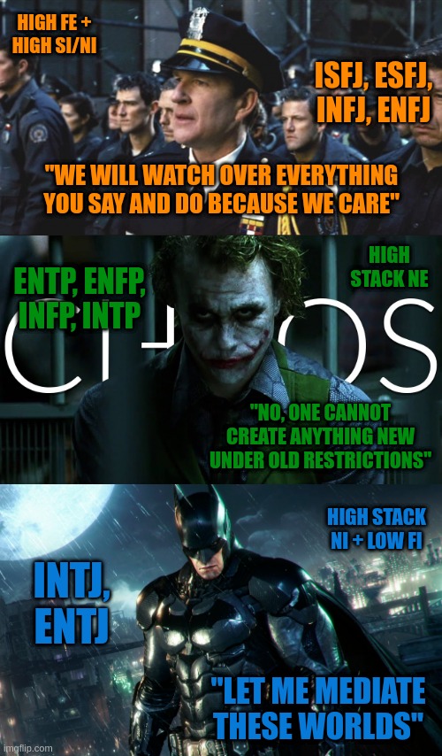 Out with the Old in with the New | HIGH FE +
HIGH SI/NI; ISFJ, ESFJ, INFJ, ENFJ; "WE WILL WATCH OVER EVERYTHING YOU SAY AND DO BECAUSE WE CARE"; HIGH STACK NE; ENTP, ENFP, INFP, INTP; "NO, ONE CANNOT
CREATE ANYTHING NEW
UNDER OLD RESTRICTIONS"; HIGH STACK NI + LOW FI; INTJ, ENTJ; "LET ME MEDIATE THESE WORLDS" | image tagged in plain white,mbti,personality,myers briggs,batman,joker | made w/ Imgflip meme maker