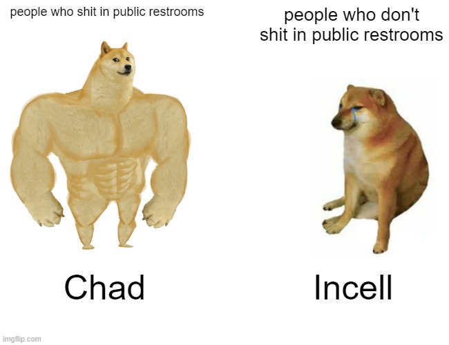Buff Doge vs. Cheems | people who shit in public restrooms; people who don't shit in public restrooms; Chad; Incell | image tagged in memes,buff doge vs cheems,shit,public restrooms | made w/ Imgflip meme maker