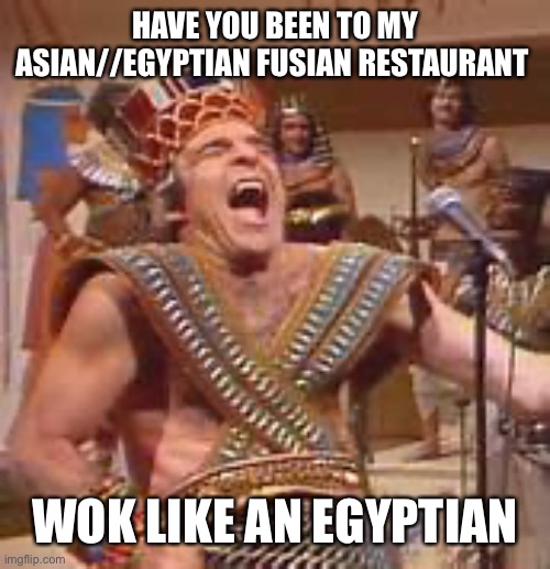 Steve Martin Egyptian | HAVE YOU BEEN TO MY ASIAN//EGYPTIAN FUSIAN RESTAURANT WOK LIKE AN EGYPTIAN | image tagged in steve martin egyptian | made w/ Imgflip meme maker