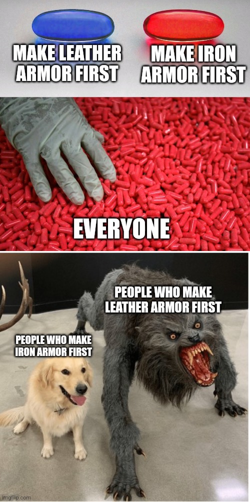 Iron V.S Leather. Which one do you make first in Survival if you play Minecraft? | MAKE LEATHER ARMOR FIRST; MAKE IRON ARMOR FIRST; EVERYONE; PEOPLE WHO MAKE LEATHER ARMOR FIRST; PEOPLE WHO MAKE IRON ARMOR FIRST | image tagged in blue or red pill,dog wolf | made w/ Imgflip meme maker