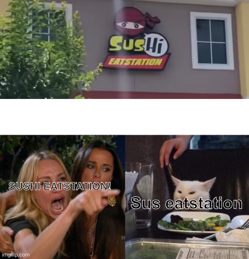 Bro who designed this logo | SUSHI EATSTATION! Sus eatstation | image tagged in memes,woman yelling at cat,funny,you had one job,burger,sushi | made w/ Imgflip meme maker
