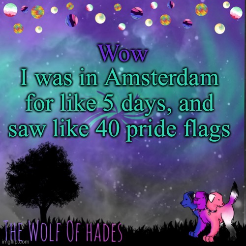 Haven’t even seen that many in the uk ngl | Wow; I was in Amsterdam for like 5 days, and saw like 40 pride flags | image tagged in thewolfofhades announces crap v 694201723696969 | made w/ Imgflip meme maker