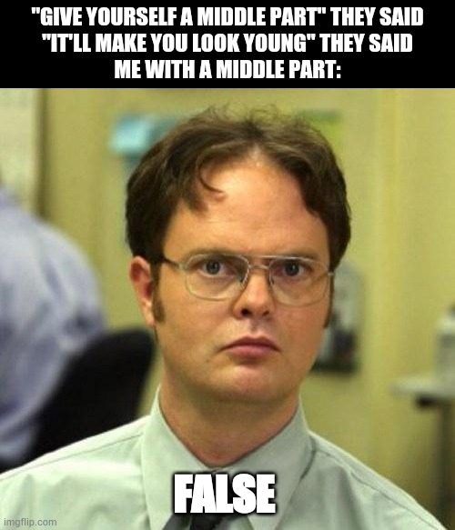 Middle Part | "GIVE YOURSELF A MIDDLE PART" THEY SAID

"IT'LL MAKE YOU LOOK YOUNG" THEY SAID

ME WITH A MIDDLE PART:; FALSE | image tagged in false,dwight schrute | made w/ Imgflip meme maker
