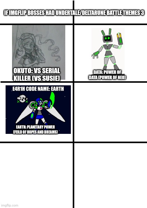 finally finished hopefully all the main bosses | IF IMGFLIP BOSSES HAD UNDERTALE/DELTARUNE BATTLE THEMES 3; OKUTO: VS SERIAL KILLER (VS SUSIE); DATA: POWER OF DATA (POWER OF NEO); EARTH: PLANETARY POWER (FEILD OF HOPES AND DREAMS) | image tagged in comparison chart | made w/ Imgflip meme maker