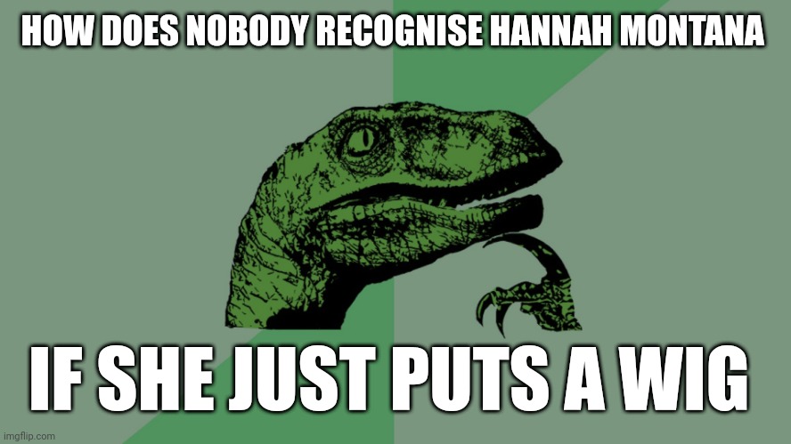 Hmmm | HOW DOES NOBODY RECOGNISE HANNAH MONTANA; IF SHE JUST PUTS A WIG | image tagged in philosophy dinosaur,memes,philosophy,hmmm,lol | made w/ Imgflip meme maker