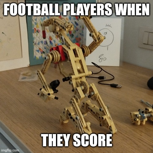 Battle droid just scored | FOOTBALL PLAYERS WHEN; THEY SCORE | image tagged in lego,football,star wars | made w/ Imgflip meme maker