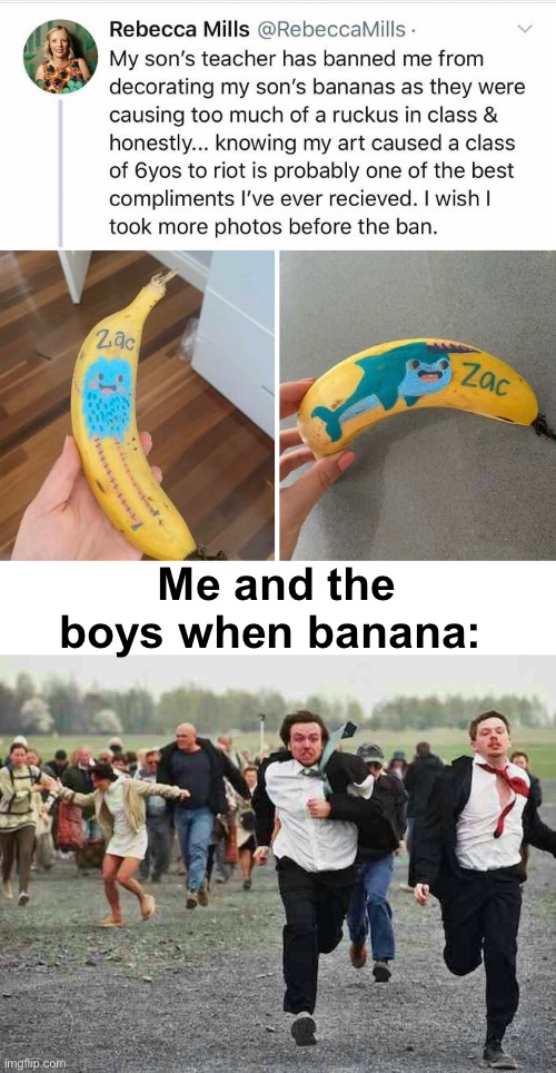 HOLY CRAP NO WAY IT'S DECORATED?! | Me and the boys when banana: | image tagged in stampede,memes,unfunny | made w/ Imgflip meme maker