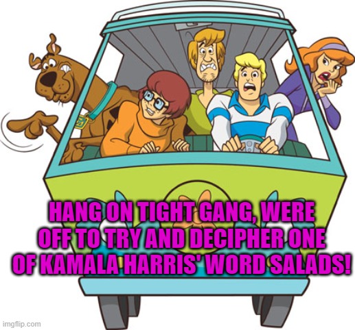 I think they are going to need more brain power . . . like Sherlock Holmes. | HANG ON TIGHT GANG, WERE OFF TO TRY AND DECIPHER ONE OF KAMALA HARRIS' WORD SALADS! | image tagged in scooby doo | made w/ Imgflip meme maker