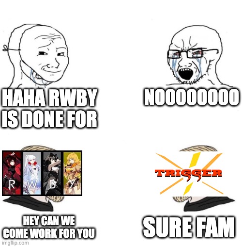 i don't know how business stuff works so please be nice | HAHA RWBY IS DONE FOR; NOOOOOOOO; SURE FAM; HEY CAN WE COME WORK FOR YOU | image tagged in chad we know,rwby,anime | made w/ Imgflip meme maker