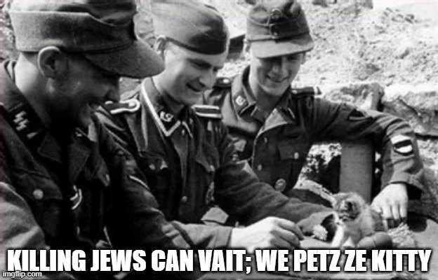 The Softer Side of War | KILLING JEWS CAN VAIT; WE PETZ ZE KITTY | image tagged in world war ii | made w/ Imgflip meme maker