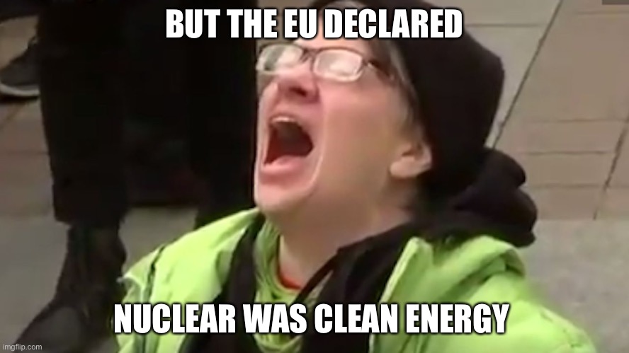 Screaming Liberal  | BUT THE EU DECLARED NUCLEAR WAS CLEAN ENERGY | image tagged in screaming liberal | made w/ Imgflip meme maker