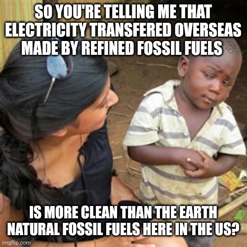 so youre telling me | SO YOU'RE TELLING ME THAT ELECTRICITY TRANSFERED OVERSEAS MADE BY REFINED FOSSIL FUELS; IS MORE CLEAN THAN THE EARTH NATURAL FOSSIL FUELS HERE IN THE US? | image tagged in so youre telling me | made w/ Imgflip meme maker