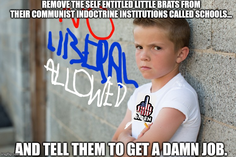 REMOVE THE SELF ENTITLED LITTLE BRATS FROM THEIR COMMUNIST INDOCTRINE INSTITUTIONS CALLED SCHOOLS... AND TELL THEM TO GET A DAMN JOB. | made w/ Imgflip meme maker