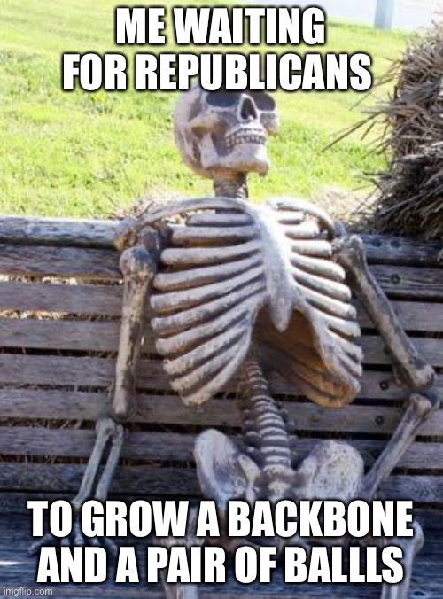 Waiting Skeleton Meme | ME WAITING FOR REPUBLICANS TO GROW A BACKBONE AND A PAIR OF BALLLS | image tagged in memes,waiting skeleton | made w/ Imgflip meme maker