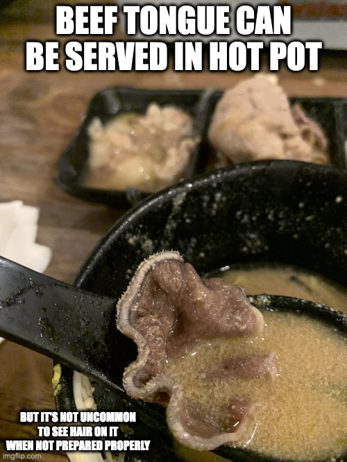 Hairy Beef Tongue | BEEF TONGUE CAN BE SERVED IN HOT POT; BUT IT'S NOT UNCOMMON TO SEE HAIR ON IT WHEN NOT PREPARED PROPERLY | image tagged in food,memes | made w/ Imgflip meme maker