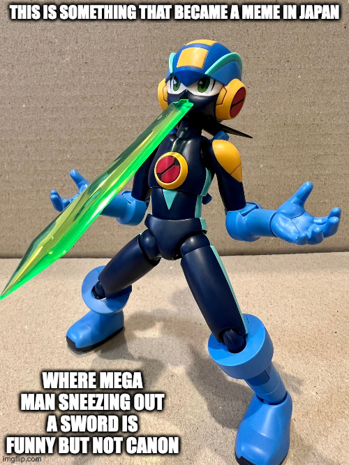 Battle Network Sword Meme | THIS IS SOMETHING THAT BECAME A MEME IN JAPAN; WHERE MEGA MAN SNEEZING OUT A SWORD IS FUNNY BUT NOT CANON | image tagged in megaman battle network,memes | made w/ Imgflip meme maker