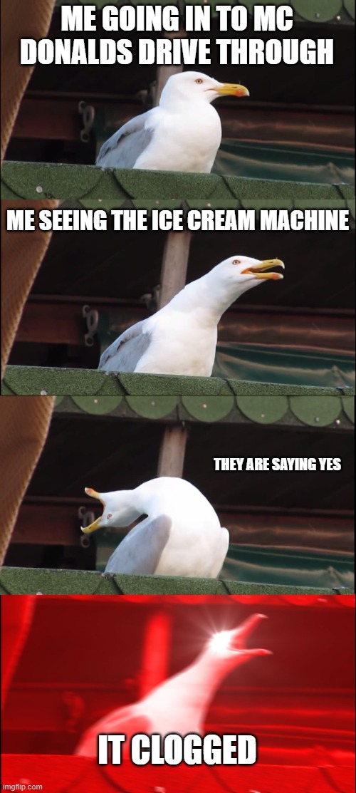 true this is true | ME GOING IN TO MC DONALDS DRIVE THROUGH; ME SEEING THE ICE CREAM MACHINE; THEY ARE SAYING YES; IT CLOGGED | image tagged in memes,inhaling seagull | made w/ Imgflip meme maker