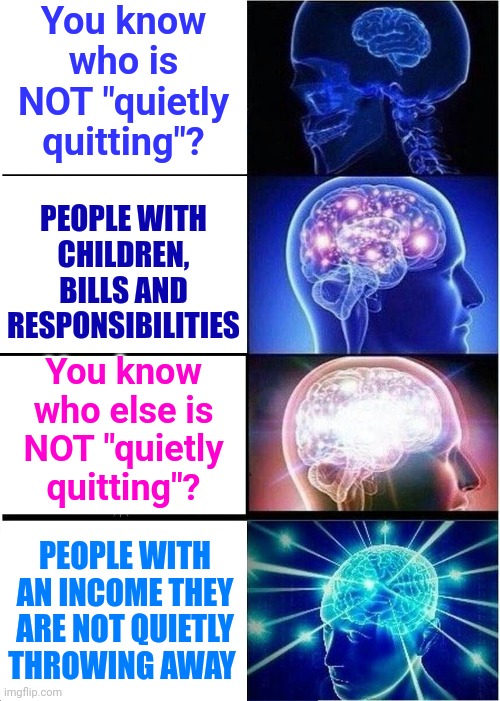 Feeling Unappreciated And Don't Like Your Job?  Get Another One.  But, You Should Know, EVERY Job Expects You To WORK. DUH | You know who is NOT "quietly quitting"? PEOPLE WITH CHILDREN, BILLS AND RESPONSIBILITIES; You know who else is NOT "quietly quitting"? PEOPLE WITH AN INCOME THEY ARE NOT QUIETLY THROWING AWAY | image tagged in memes,expanding brain,duhhh dumbass,dumbasses,quiet quitting,special kind of stupid | made w/ Imgflip meme maker