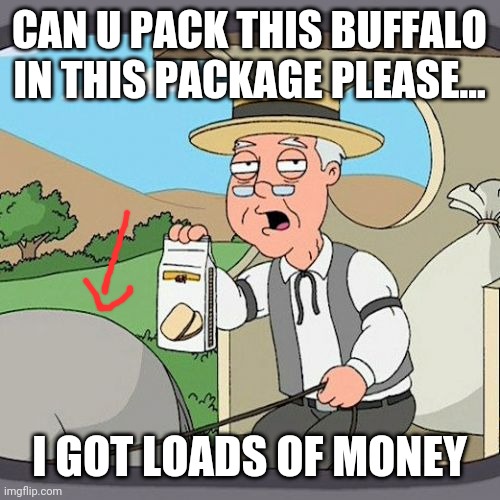 Pepperidge Farm Remembers Meme | CAN U PACK THIS BUFFALO IN THIS PACKAGE PLEASE... I GOT LOADS OF MONEY | image tagged in memes,pepperidge farm remembers | made w/ Imgflip meme maker