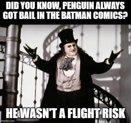 Batman Pun | DID YOU KNOW, PENGUIN ALWAYS GOT BAIL IN THE BATMAN COMICS? HE WASN'T A FLIGHT RISK | image tagged in penguin-batman | made w/ Imgflip meme maker