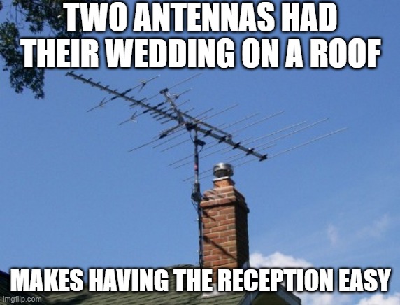 Rooftop Wedding | TWO ANTENNAS HAD THEIR WEDDING ON A ROOF; MAKES HAVING THE RECEPTION EASY | image tagged in antenna | made w/ Imgflip meme maker