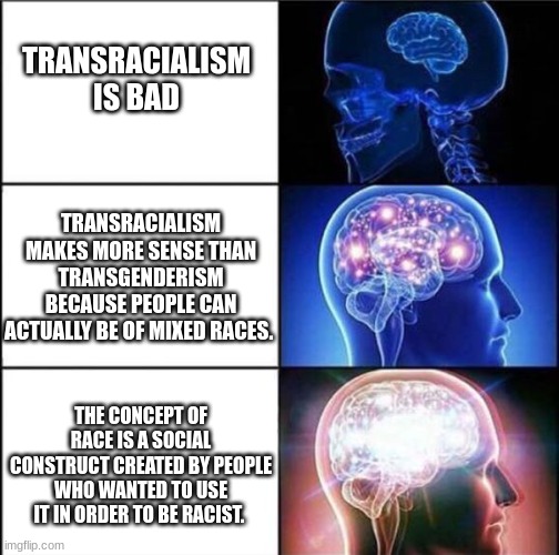 Expanding Brain Meme | TRANSRACIALISM IS BAD; TRANSRACIALISM MAKES MORE SENSE THAN TRANSGENDERISM BECAUSE PEOPLE CAN ACTUALLY BE OF MIXED RACES. THE CONCEPT OF RACE IS A SOCIAL CONSTRUCT CREATED BY PEOPLE WHO WANTED TO USE IT IN ORDER TO BE RACIST. | image tagged in expanding brain meme | made w/ Imgflip meme maker