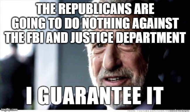George Zimmer | THE REPUBLICANS ARE GOING TO DO NOTHING AGAINST THE FBI AND JUSTICE DEPARTMENT | image tagged in george zimmer | made w/ Imgflip meme maker
