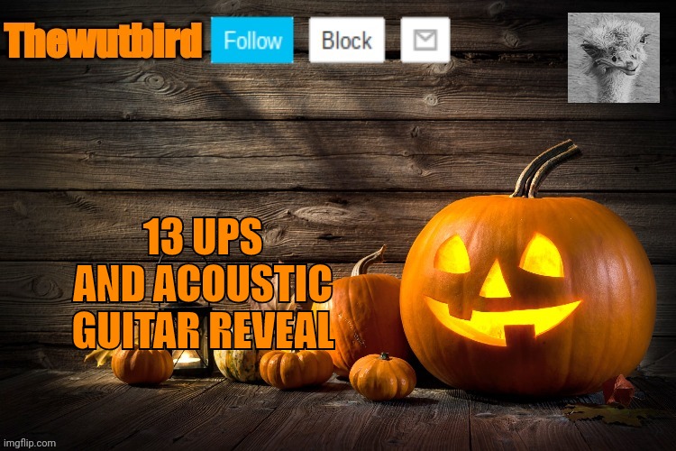 Bored | 13 UPS AND ACOUSTIC GUITAR REVEAL | image tagged in wutbird halloween announcement,bored,guitar | made w/ Imgflip meme maker