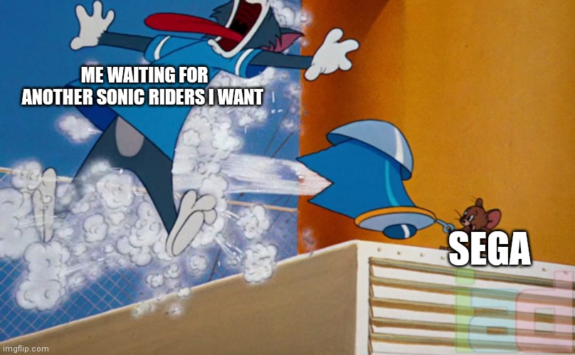Sega just doesn't care | ME WAITING FOR ANOTHER SONIC RIDERS I WANT; SEGA | image tagged in funny memes | made w/ Imgflip meme maker