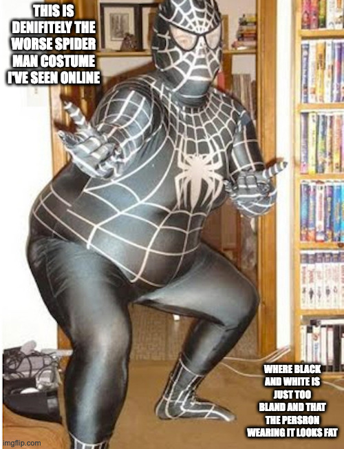 Retarded Spider-Man Costume | THIS IS DENIFITELY THE WORSE SPIDER MAN COSTUME I'VE SEEN ONLINE; WHERE BLACK AND WHITE IS JUST TOO BLAND AND THAT THE PERSRON WEARING IT LOOKS FAT | image tagged in halloween,spider man,costume,funny,memes | made w/ Imgflip meme maker