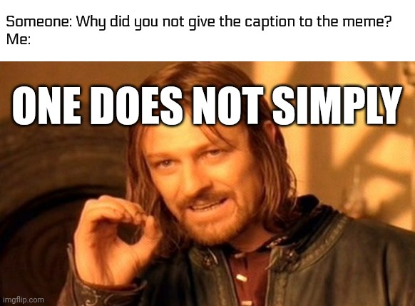 One Does Not Simply | Someone: Why did you not give the caption to the meme?
Me:; ONE DOES NOT SIMPLY | image tagged in memes,one does not simply | made w/ Imgflip meme maker