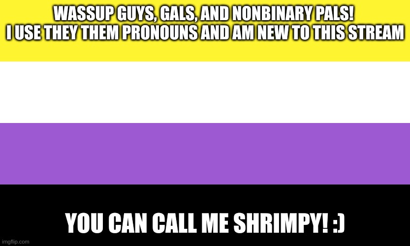 hellooo | WASSUP GUYS, GALS, AND NONBINARY PALS! 
I USE THEY THEM PRONOUNS AND AM NEW TO THIS STREAM; YOU CAN CALL ME SHRIMPY! :) | image tagged in nonbinary,welcome | made w/ Imgflip meme maker