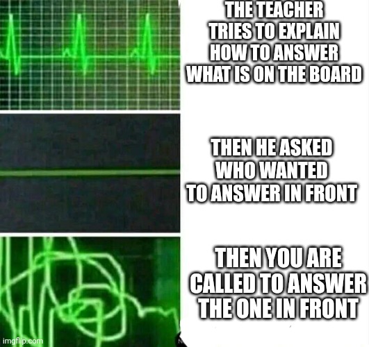 School shesh | THE TEACHER TRIES TO EXPLAIN HOW TO ANSWER WHAT IS ON THE BOARD; THEN HE ASKED WHO WANTED TO ANSWER IN FRONT; THEN YOU ARE CALLED TO ANSWER THE ONE IN FRONT | image tagged in school | made w/ Imgflip meme maker