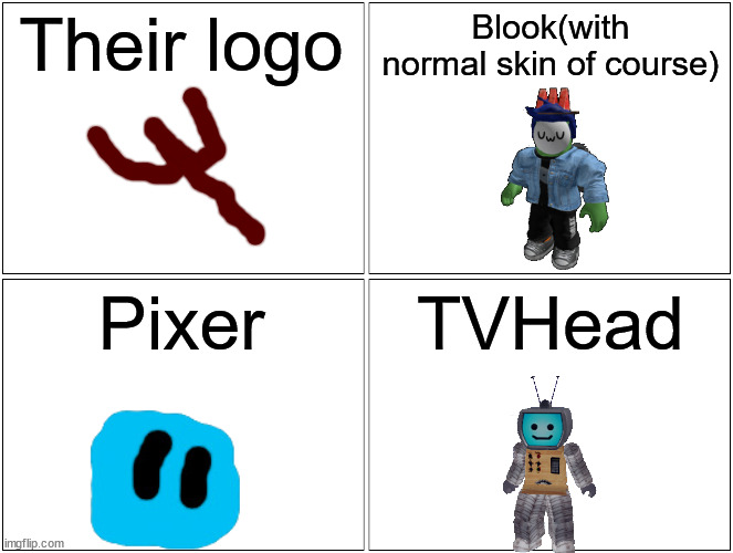 Blank Comic Panel 2x2 Meme | Their logo Blook(with normal skin of course) Pixer TVHead | image tagged in memes,blank comic panel 2x2 | made w/ Imgflip meme maker