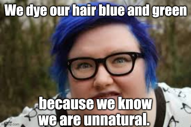 400 lb blue haired ham planet | We dye our hair blue and green; because we know we are unnatural. | image tagged in antifa,anarchy,alternative | made w/ Imgflip meme maker
