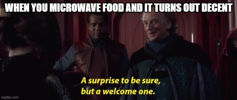 A Surprise to be sure | WHEN YOU MICROWAVE FOOD AND IT TURNS OUT DECENT | image tagged in a surprise to be sure | made w/ Imgflip meme maker