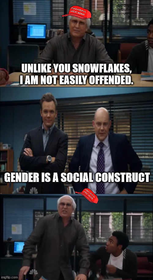 UNLIKE YOU SNOWFLAKES, I AM NOT EASILY OFFENDED. GENDER IS A SOCIAL CONSTRUCT | image tagged in maga snowflake | made w/ Imgflip meme maker