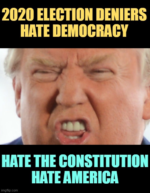 2020 ELECTION DENIERS
HATE DEMOCRACY; HATE THE CONSTITUTION
HATE AMERICA | image tagged in election 2020,denied,hate,constitution,democracy,america | made w/ Imgflip meme maker