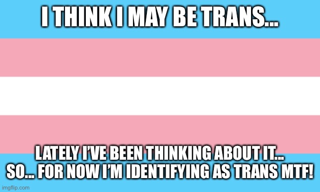 She/her always now :P | I THINK I MAY BE TRANS... LATELY I’VE BEEN THINKING ABOUT IT... SO... FOR NOW I’M IDENTIFYING AS TRANS MTF! | image tagged in trans flag,yay,new identity | made w/ Imgflip meme maker