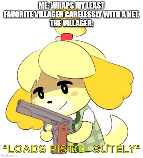 Uh Oh. | ME: WHAPS MY LEAST FAVORITE VILLAGER CARELESSLY WITH A NET.
THE VILLAGER: | image tagged in loads pistol cutely,gaming,animal crossing | made w/ Imgflip meme maker