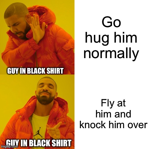 Drake Hotline Bling Meme | Go hug him normally Fly at him and knock him over GUY IN BLACK SHIRT GUY IN BLACK SHIRT | image tagged in memes,drake hotline bling | made w/ Imgflip meme maker