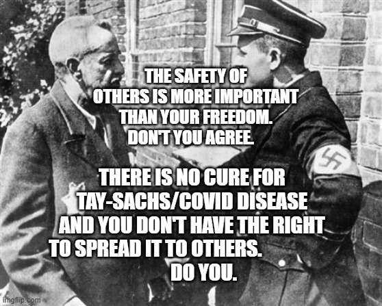Nazi speaking to Jew | THE SAFETY OF OTHERS IS MORE IMPORTANT THAN YOUR FREEDOM. DON'T YOU AGREE. THERE IS NO CURE FOR TAY-SACHS/COVID DISEASE AND YOU DON'T HAVE THE RIGHT TO SPREAD IT TO OTHERS.                   
      DO YOU. | image tagged in nazi speaking to jew | made w/ Imgflip meme maker